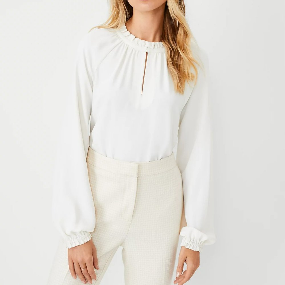 Ann Taylor Mixed Media White Ruffle Blouse